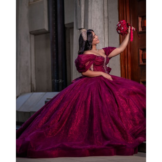 Off Shoulder Burgundy Quinceanera Dress Ball Gown Applique Corset Sweet 16 Vestido De 15 Anos With Bow